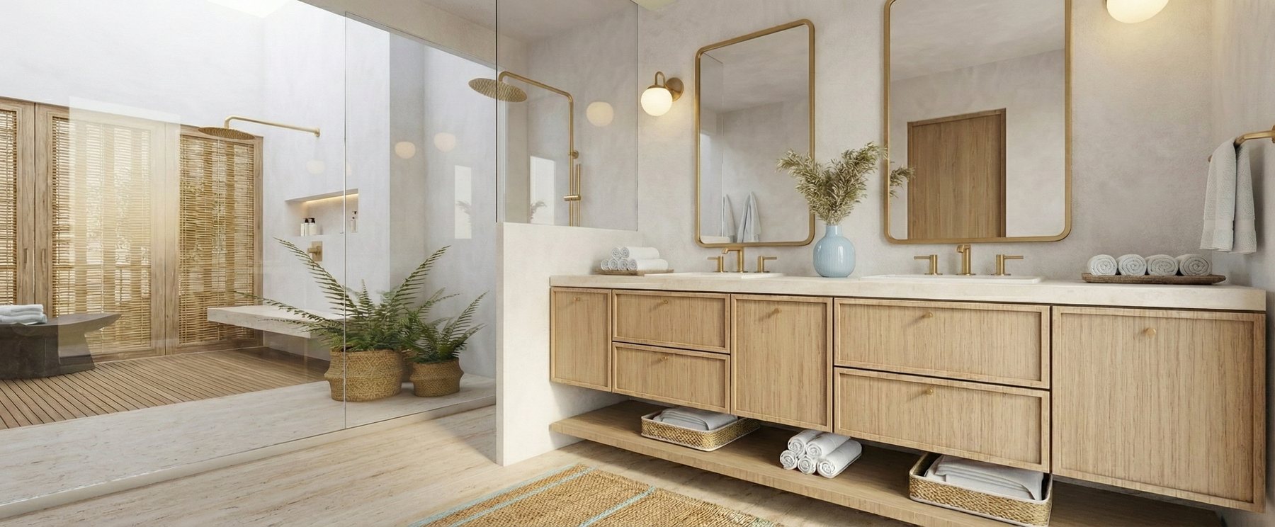 Bathroom with double oak vanity and open shower