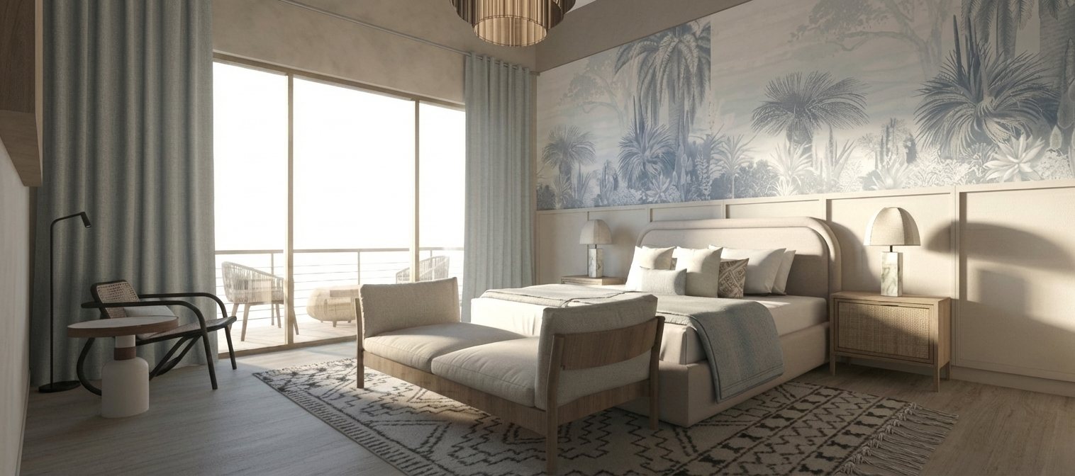 Bedroom with tropical mural, linen tones and balcony