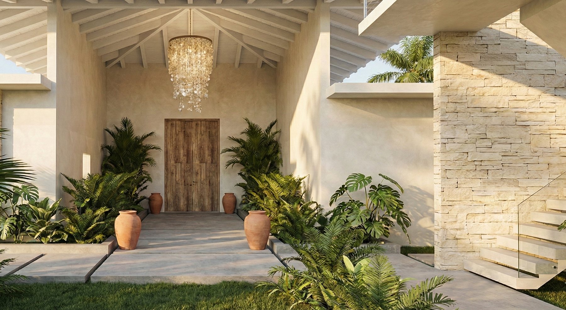 Covered entrance with carved wooden doors, stone wall and tropical planting