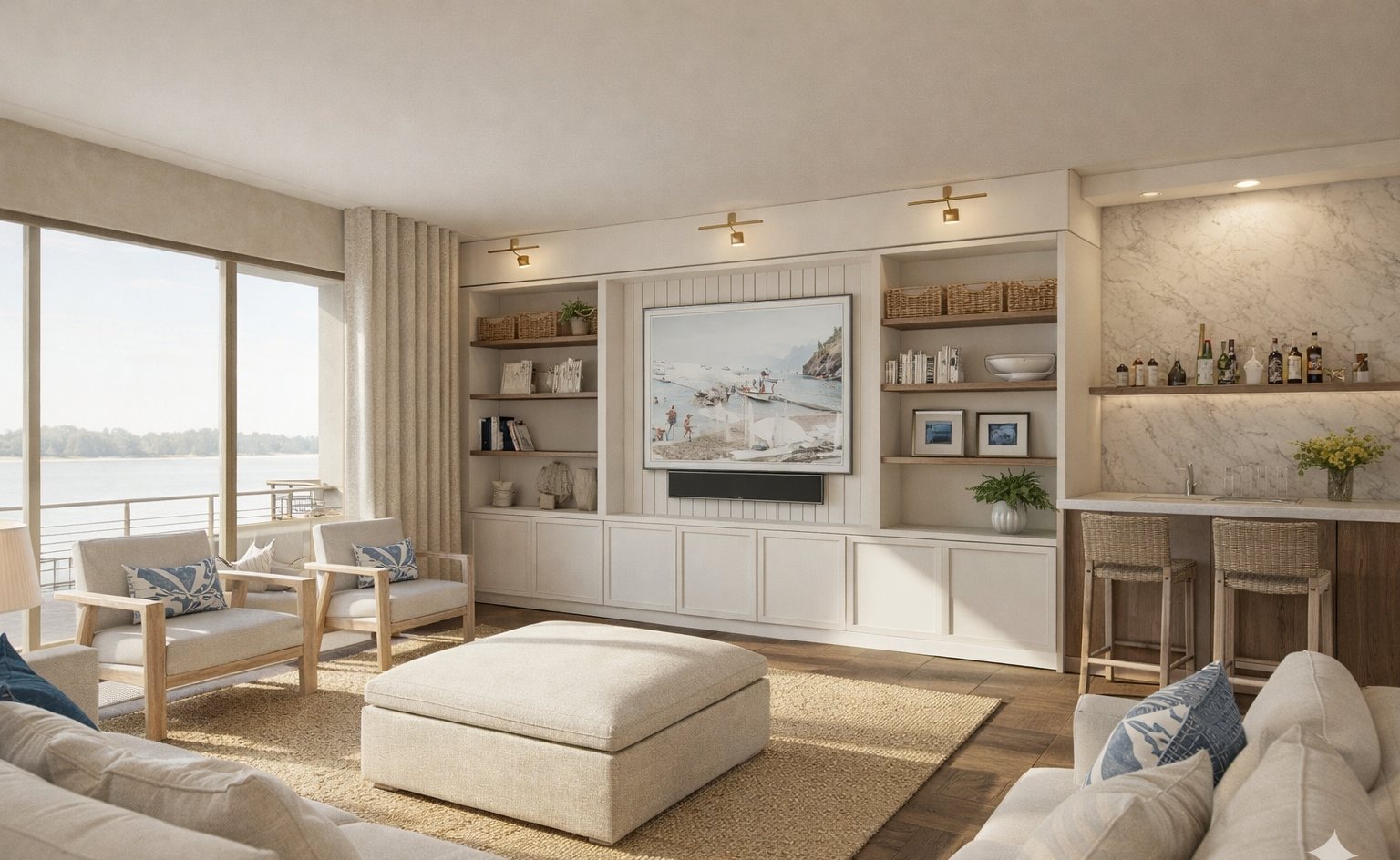 Family room with built-in shelving and bar, overlooking the water