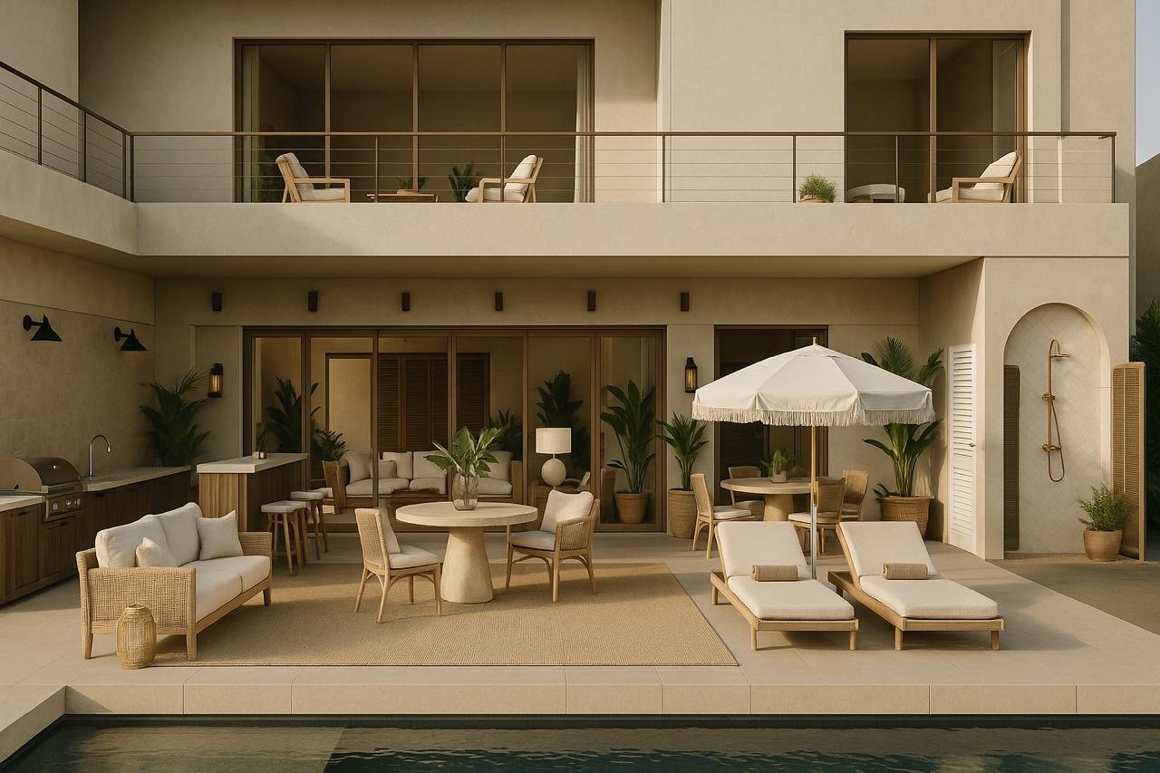 Pool terrace with outdoor kitchen, lounge seating and upper balcony