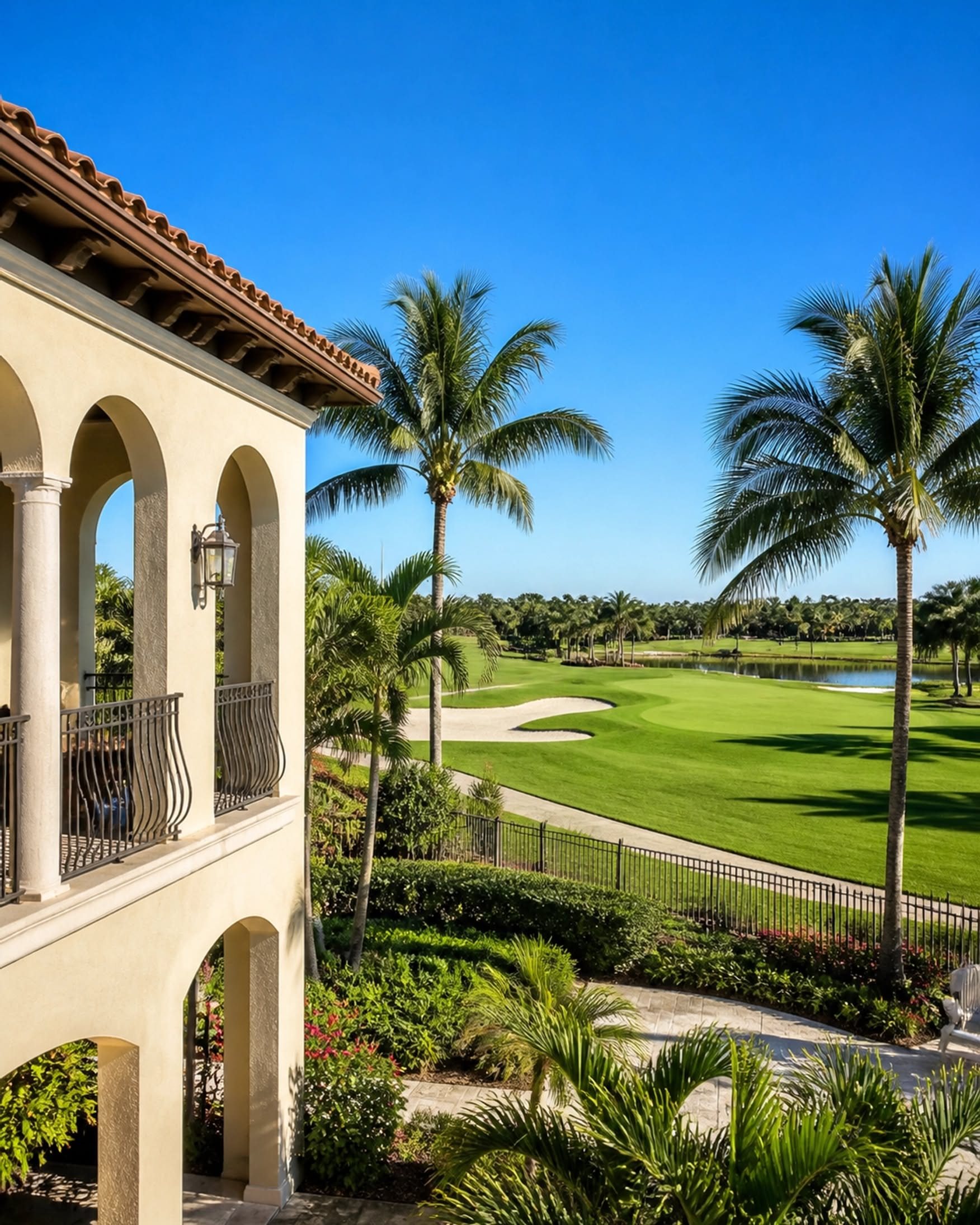 Arched loggia of a Caribbean villa overlooking palm trees and a golf course